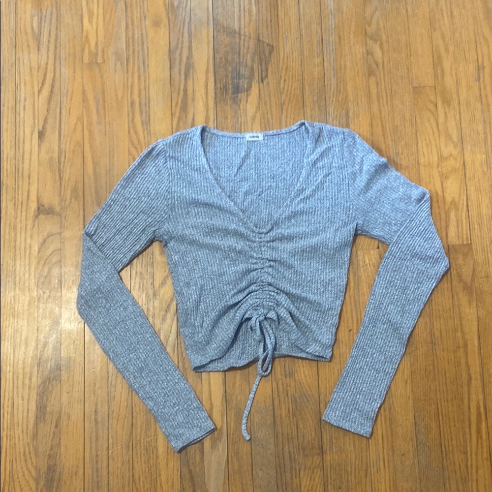 Garage Gray Ruched Tie Front Crop Blouse